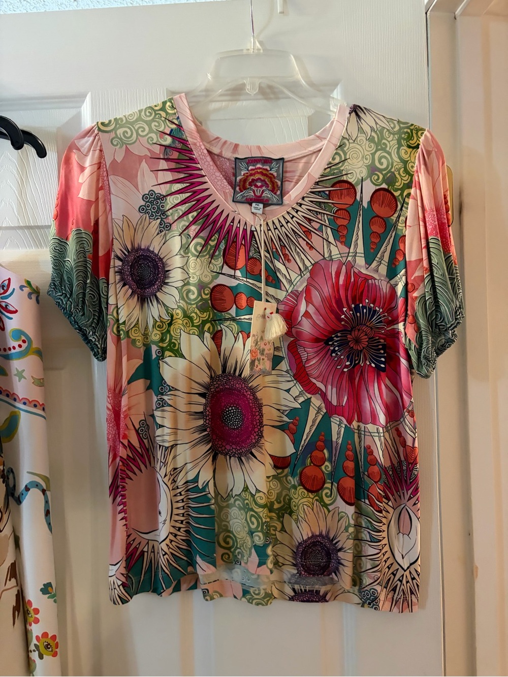 Johnny Was Multicolor Floral Short Sleeve Tee - Pink, Green & Teal